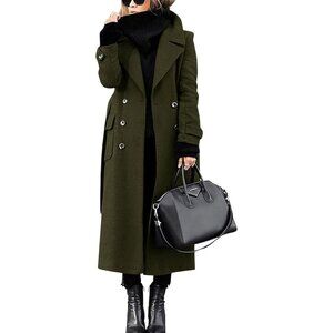 Women's Winter Double Breasted Wool Coat Business Casual Long Winter Pea Coat wi